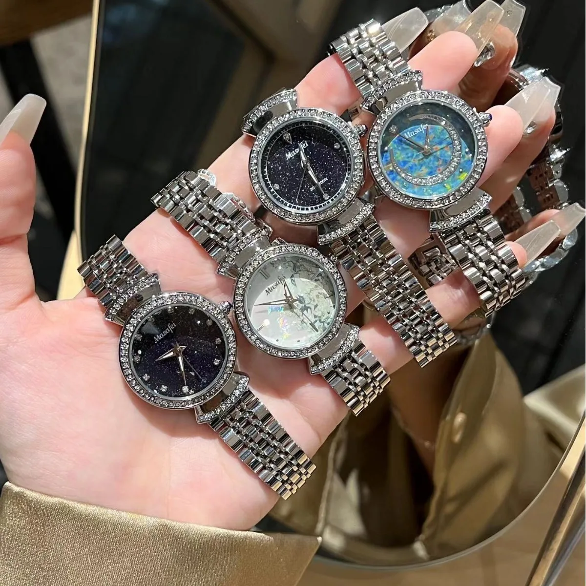 KAIRIS Women's Luxury Rhinestone Watch Stainless Steel Bracelet Starry Sky Dial Elegant Fashion Quartz Wristwatch