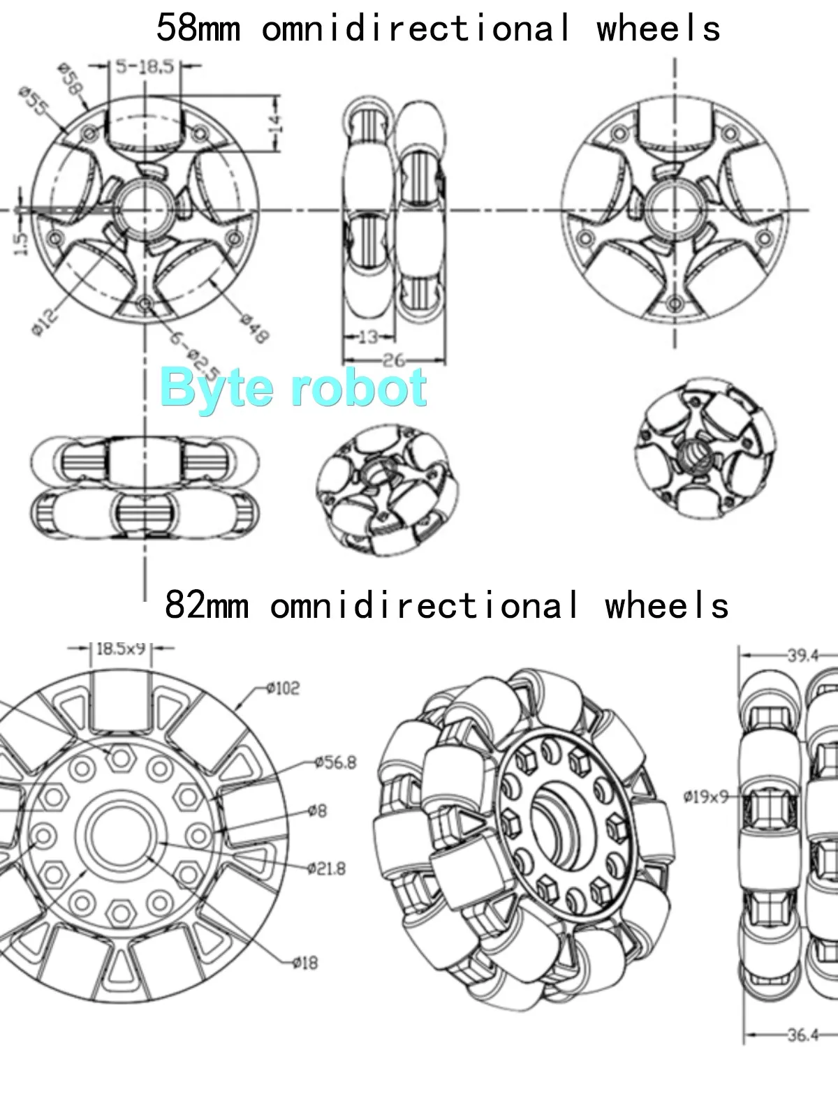 5/20Kg Load Laifu Wheel 58/100mm Nylon Omni Wheels Rubber Roller Omni Robot for Robot Car ROS Platform Omnidirectional Motion