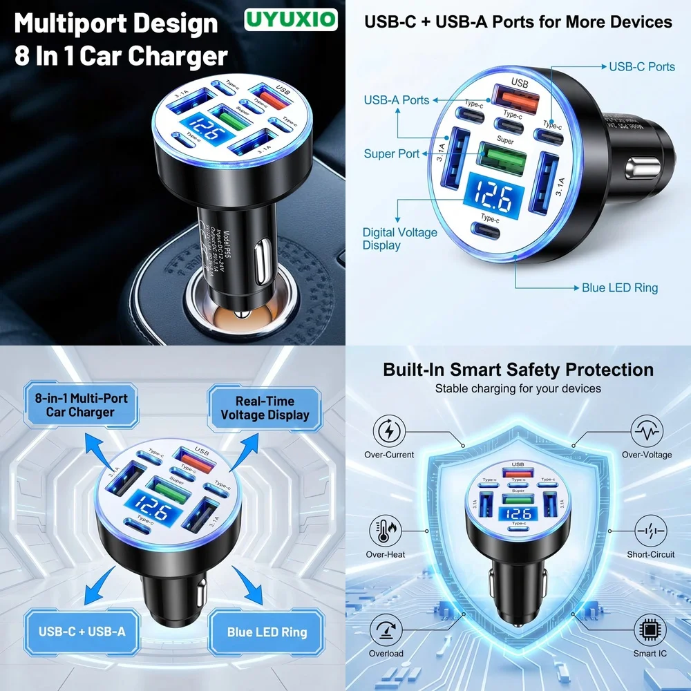 Universal 8 in 1 Multi Port Car Power Supply for iPhone 16 Samsung S26 Ultra iPad with Digital Voltage Display for All SUV