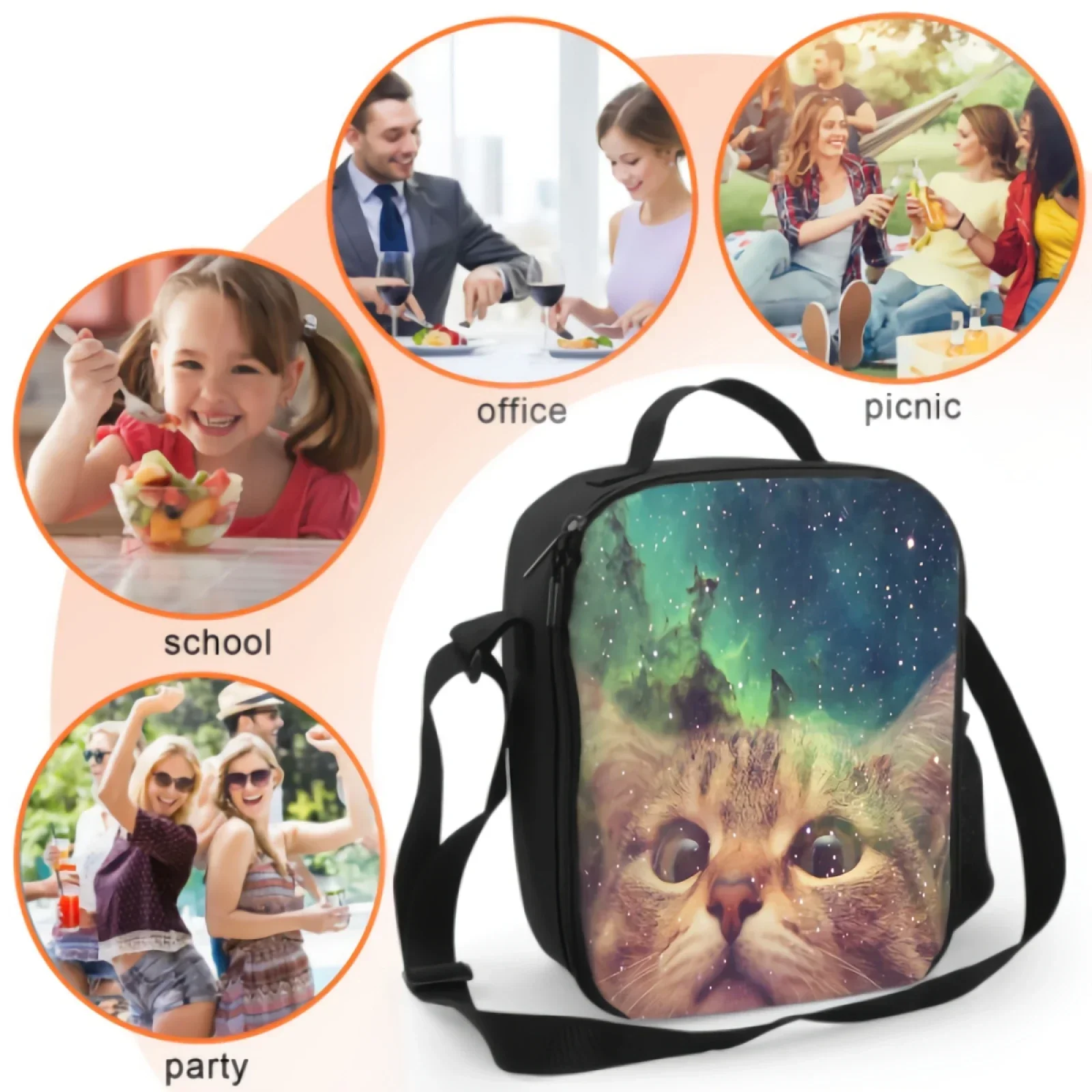 لطيف القط في المجرة السماء معزول حقيبة الغداء للعمل المدرسي نزهة رائعتين الحيوان نمط حمل حاويات الغداء حقيبة للحفاظ على البرودة