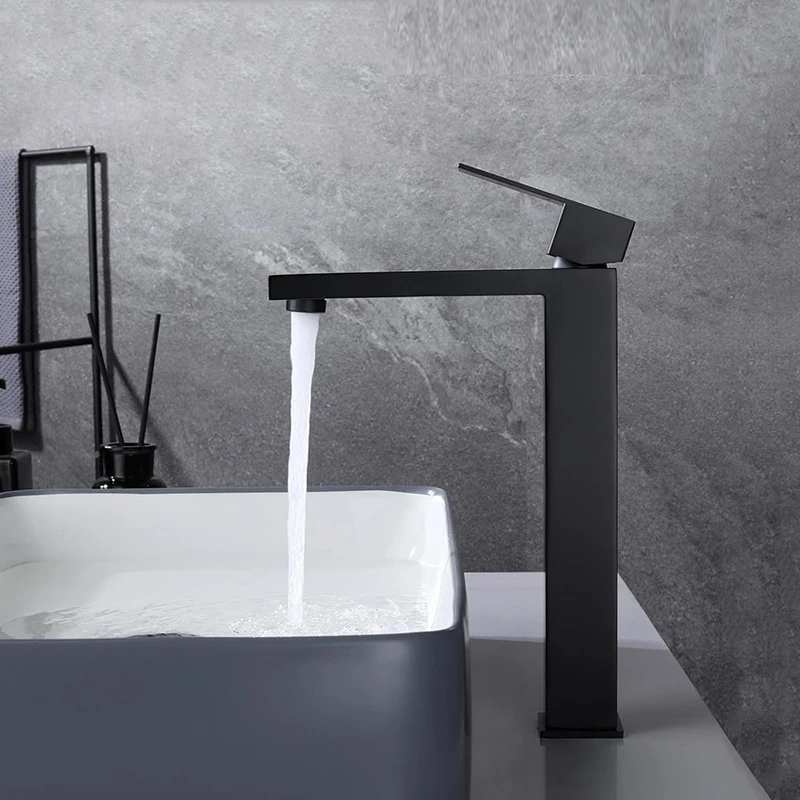 Black Tall Square Bathroom Faucet 304 Stainless Steel Cold Hot Water Mixer Tap Countertop Basin Vessel Sink Faucet for Washroom
