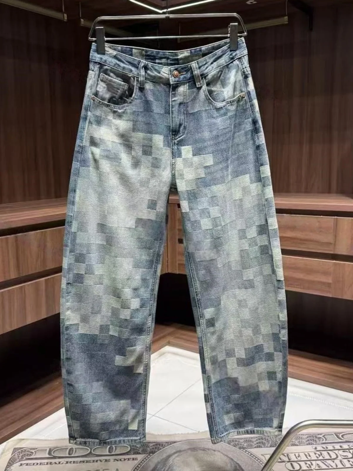 

Spring Summer Men's Fashionable Loose Fit Straight Leg Denim Jeans Washed out Vintage Plaid Breathable Casual Pants