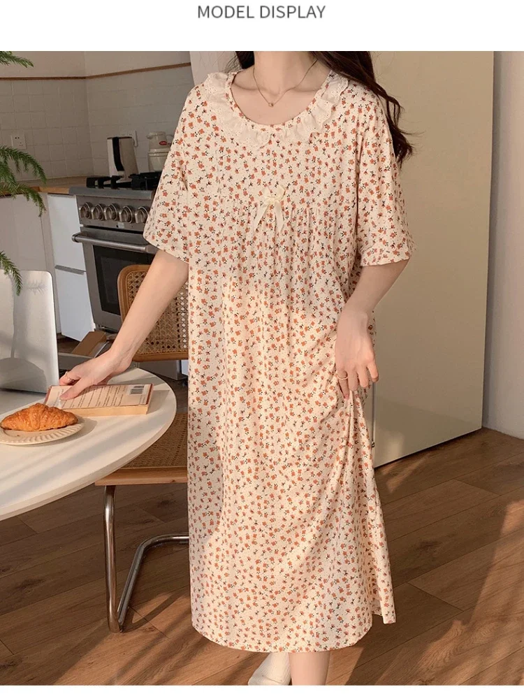 100kg Plus Size Loose Pajamas Women\'s Summer Floral Princess Maxi Dress Ins Sle Japan Imitation Cotton Short Sleeve Nightgown