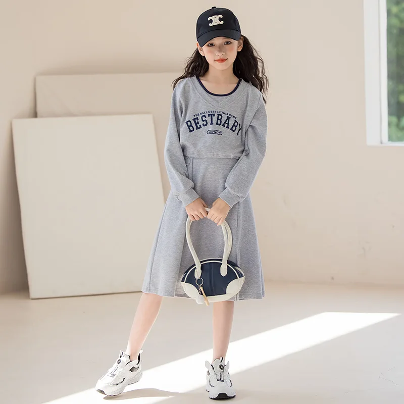 ZOETOPKID Chidren Girls Dress Two-piece Sets Autumn Letter Printed V-neck Sweatshirt+Sleeveless Dress Kids Girls Dress Set