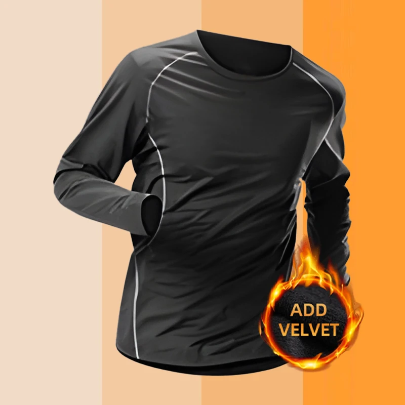 Thermal T Shirt for Men Underwear Men's Fleece-lined Cold-Proof Running Set Winter Bottoming Wear Top Fitness Basketball Jersey