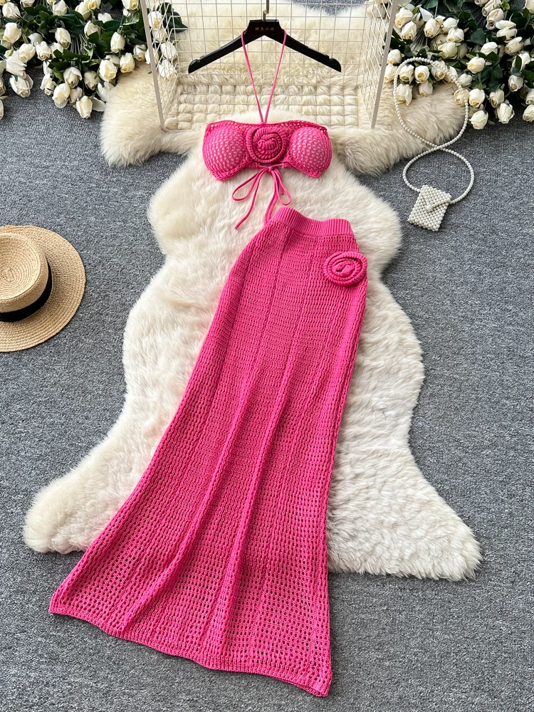 

Beach Vacation Style Sexy Halter Neck Knitted Crop Top High Waist Bodycon Skirt Two Piece Set Women's Fashion Spring 2026