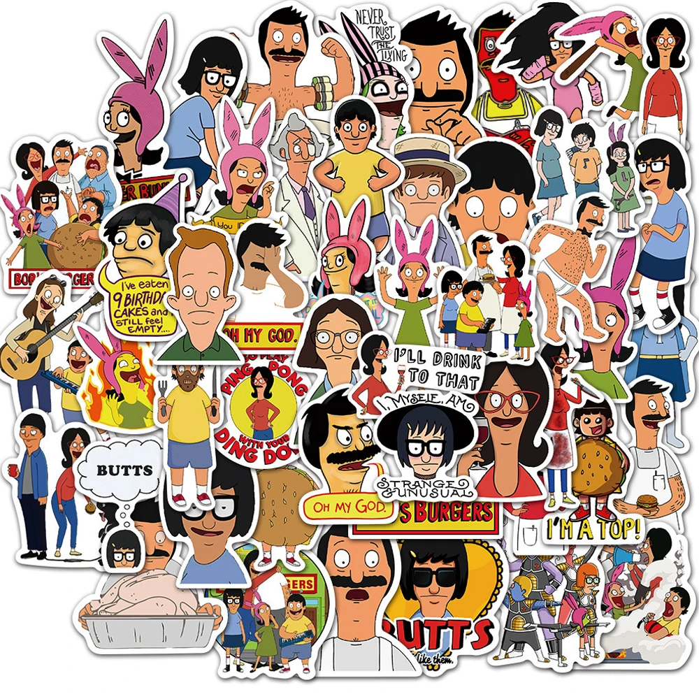 10/30/50pcs Cartoon Bobs Burgers Anime Stickers Decals DIY Laptop Phone Skateboard Notebook Suitcase Car Waterproof Sticker Toys