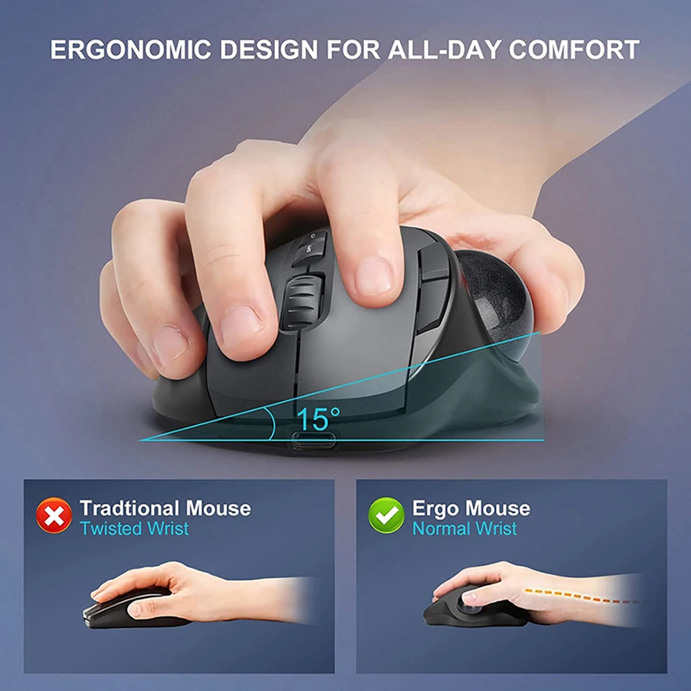 2.4G USB Trackball Mouse Bluetooth Wireless Mouse Rechargeable Ergonomic Mice For Mac PC Gamer 2400DPI Gaming Mous