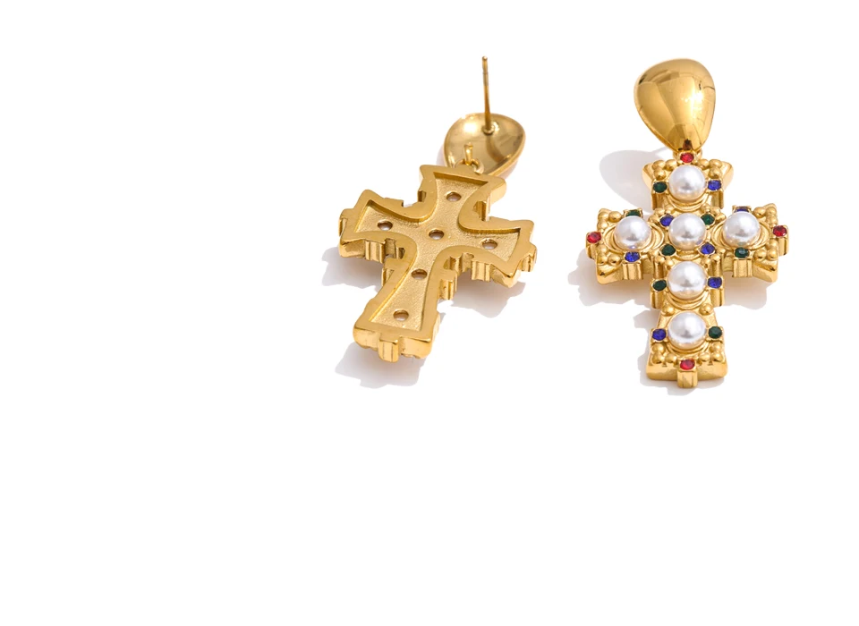 Yhpup Vintage Imitation Perlen Zirkonia Kreuz Tropfen Ohrringe 18 Karat Gold Farbe Edelstahl Beliebte Schmuck 2025 – Detail 8