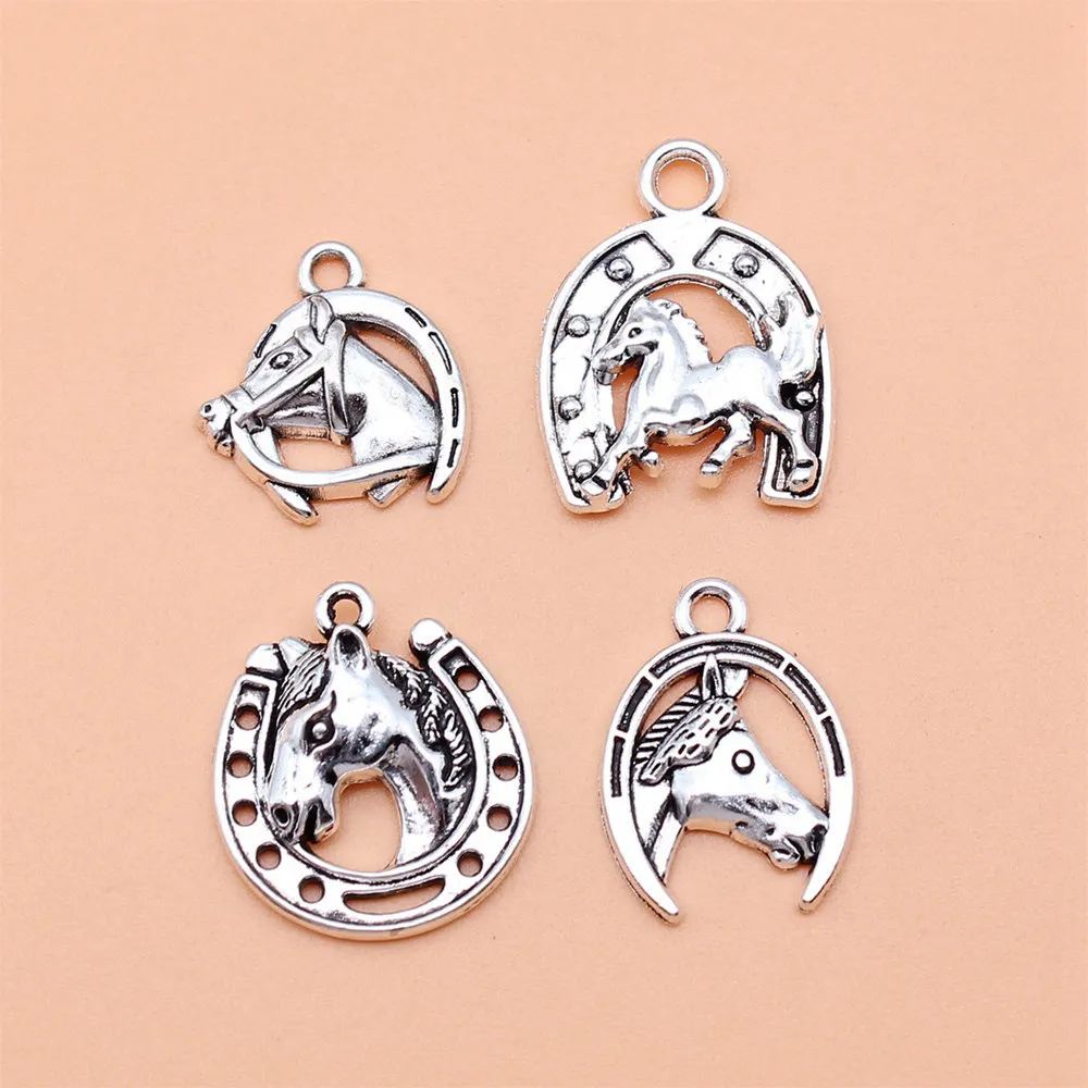 Charms For Jewelry Making Antique Silver Color Lucky Horsehead Horseshoe Charms Collection  Lot Car Accessories 4pcs