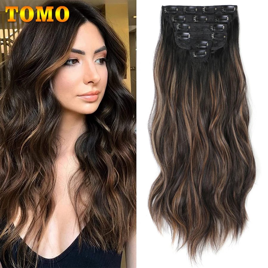 

TOMO Clip in Hair Extensions 20 Inch 6Pcs Mixed Blonde Long Wavy Highlight Hair Extensions Weft Synthetic Hairpiece For Women