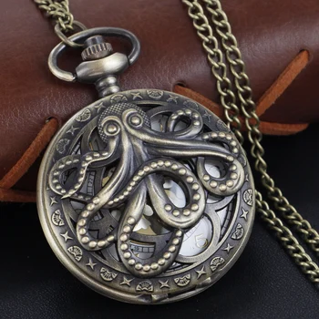 Mito Octopus Orologio da tasca al quarzo Cassa scavata in bronzo Collana con ciondolo vintage Steam Punk Miglior regalo per uomini e donne