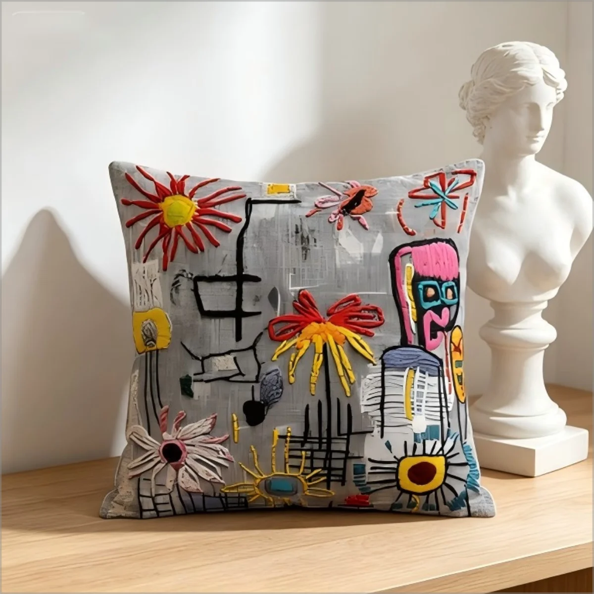 Abstract Graffiti Floral Throw Pillow Cover Colorful Embroidery-Style Art Cushion Case for Modern Eclectic Home Decor Sofa Couch