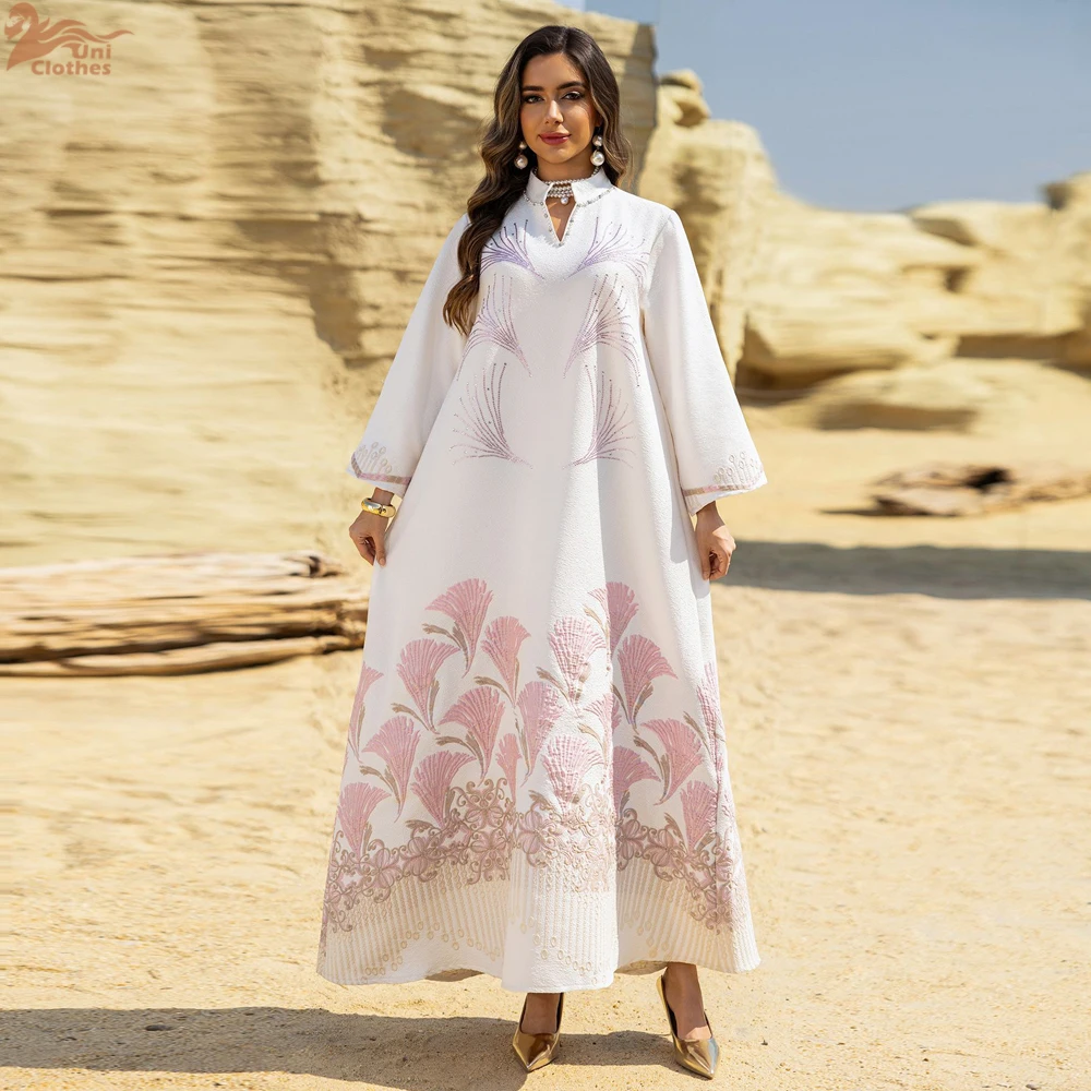 

Uni мусульманское элегантное жаккардовое женское вечернее платье Дубай с цветочным принтом Abayas Femme со стразами и бисером 2025
