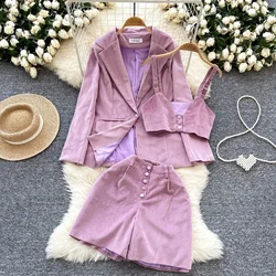 Chic Women Three-Piece Sets Vintage Turn-down Collar Suit Straps Camis Top High Waist Short Pants High Street Autumn Clothing