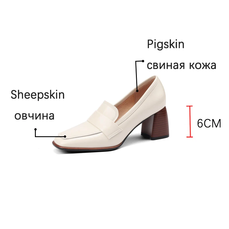 2022 Spring New GENUINE LEATHER Women Shoes LEISURE Women Slip-On Shallow Pumps Square Toe Heels Shoes Women Zapatos De Mujer