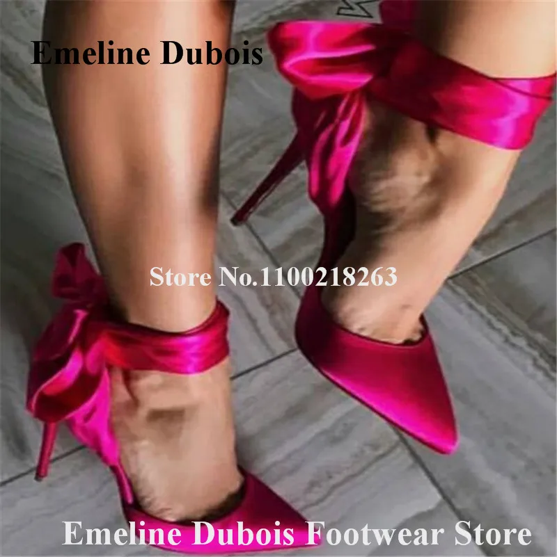 

Pink Satin Pumps Emeline Dubois Pointed Toe Ankle Straps Cross Bowtie Stiletto Heel Dress Shoes Red Black Wedding High Heels