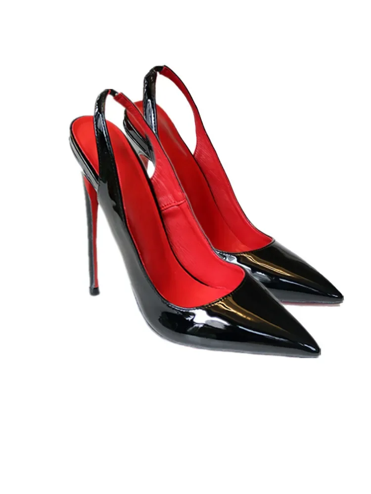 

New Rear Strap Red Bottom Red Inner Ultra High Heels Slim Heels Ultra Shallow Mouth Pointed Patent Leather Single Shoes