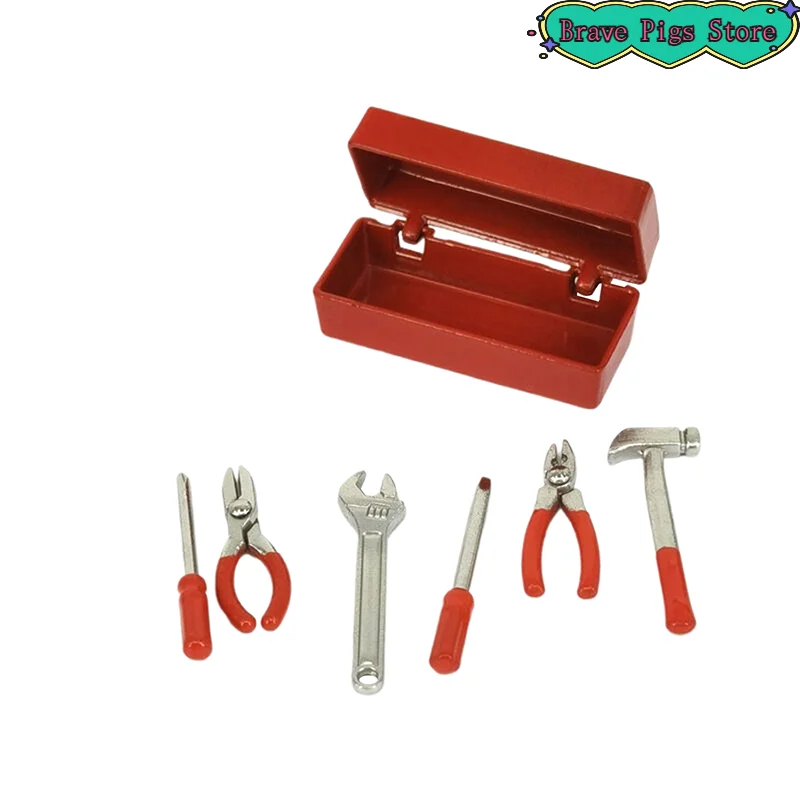 1 مجموعة صندوق أدوات مصغر + 6 أدوات يدوية نموذج اكسسوارات أثاث ديكور المنزل هدية