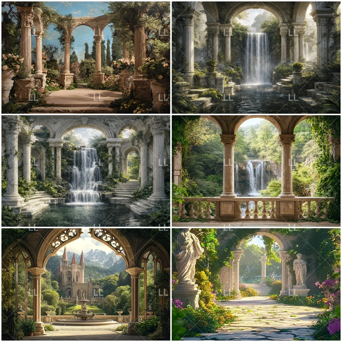 

Ancient Roman Column Garden Backdrop Decoration Stone Arch Architecture Greenery Photography Background Wedding Celebration Prop
