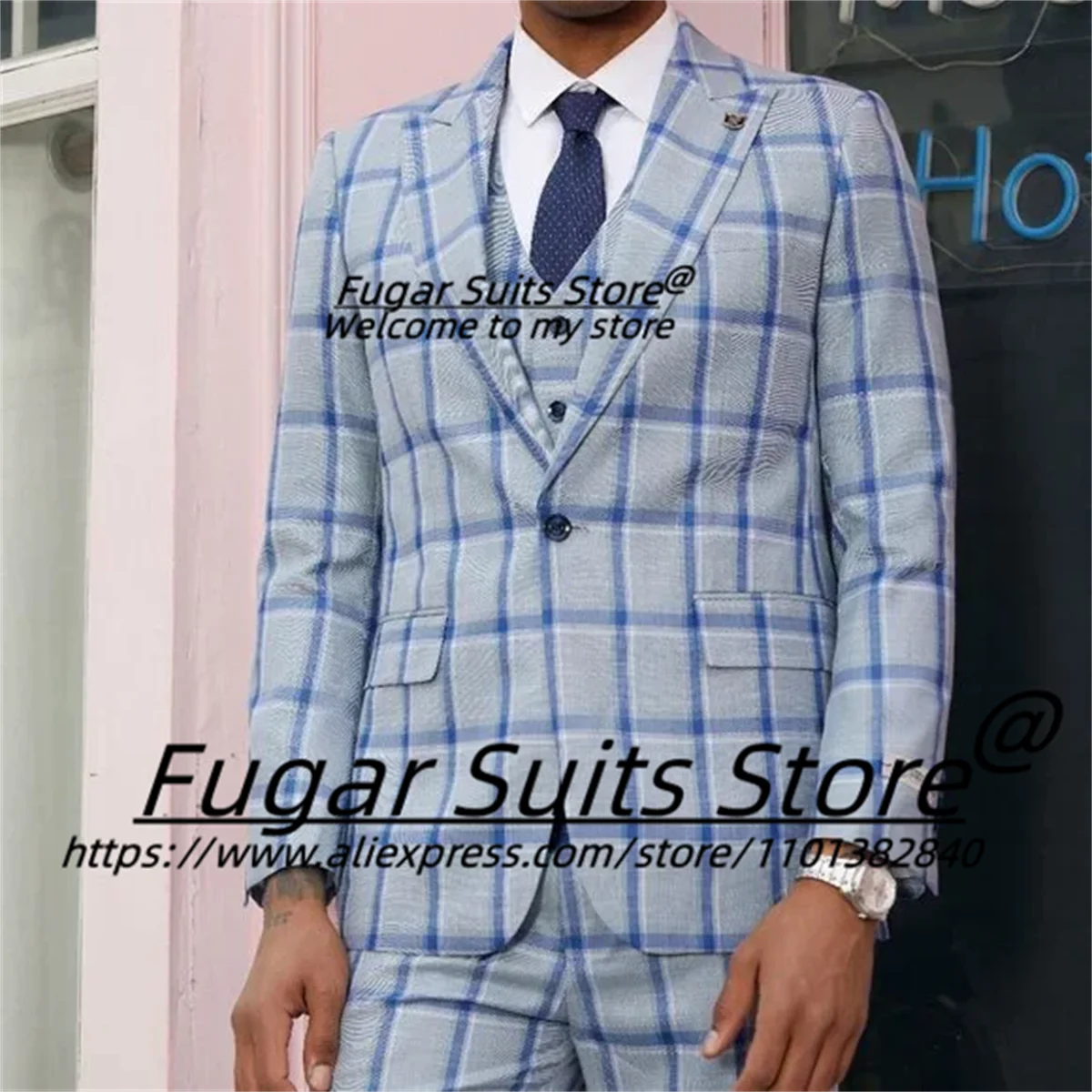 Fashion Sky Blue Plaid Casual Men Suits Slim Fit Peak Lapel Groom Wedding Tuxedos 3 Pieces Sets Classic Male Blazr Ropa Hombre