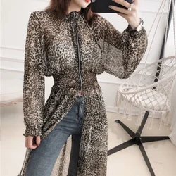 Summer Sunscreen Long Jackets Women See Through Leopard Fashion Thin Elastic Waist Design Elegant Sheer Streetwear Holiday Coats