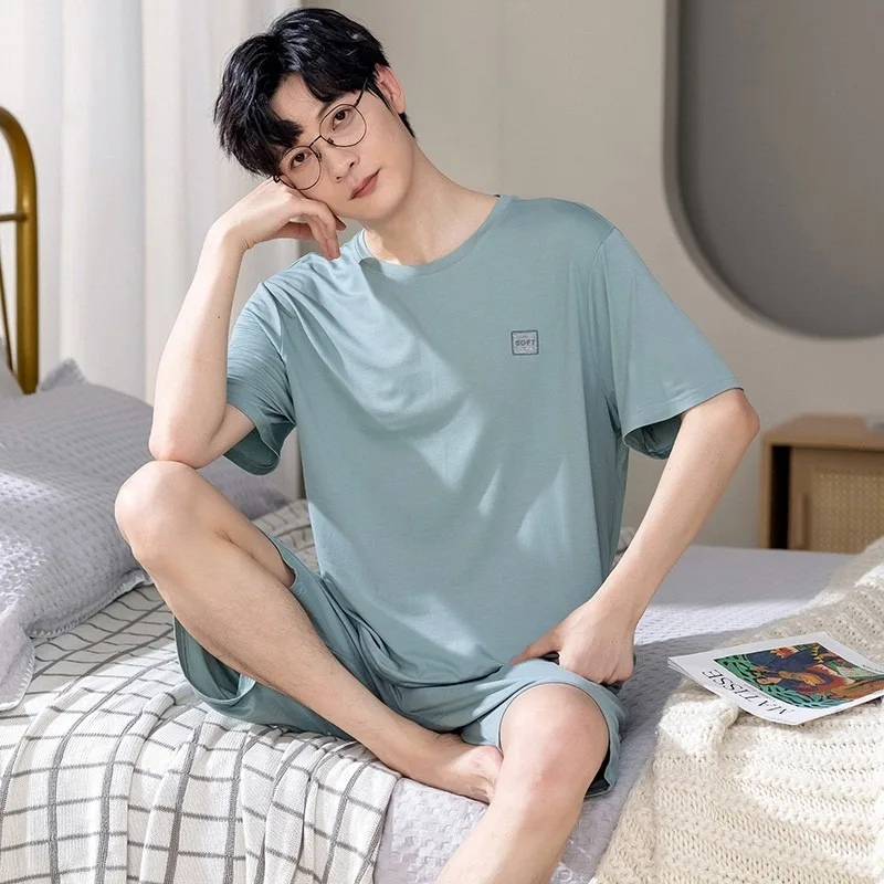 Korean Cotton Men\'s Loungewear 2 Pieces Set Pajamas Set Short Sleeves Sleeping Tops Pants Sleepwear Summer Casual Homewear