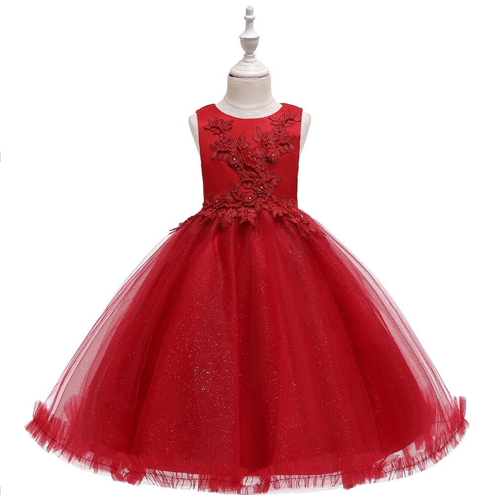 Red Sleeveless Tulle Flower Girl Dress For Kids Round Neck Nail Bead Embroidered Child Party Wear For Girl 3-12 Years