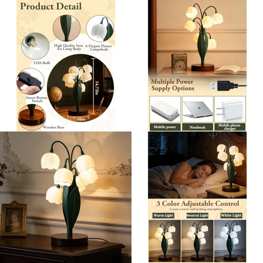 

Flower Lamp, Bedside Vintage Table Lamps, 6 Lily of The Valley Night Lights, 3 Colors Modes Kawaii Aesthetic Lighting, Cute Des