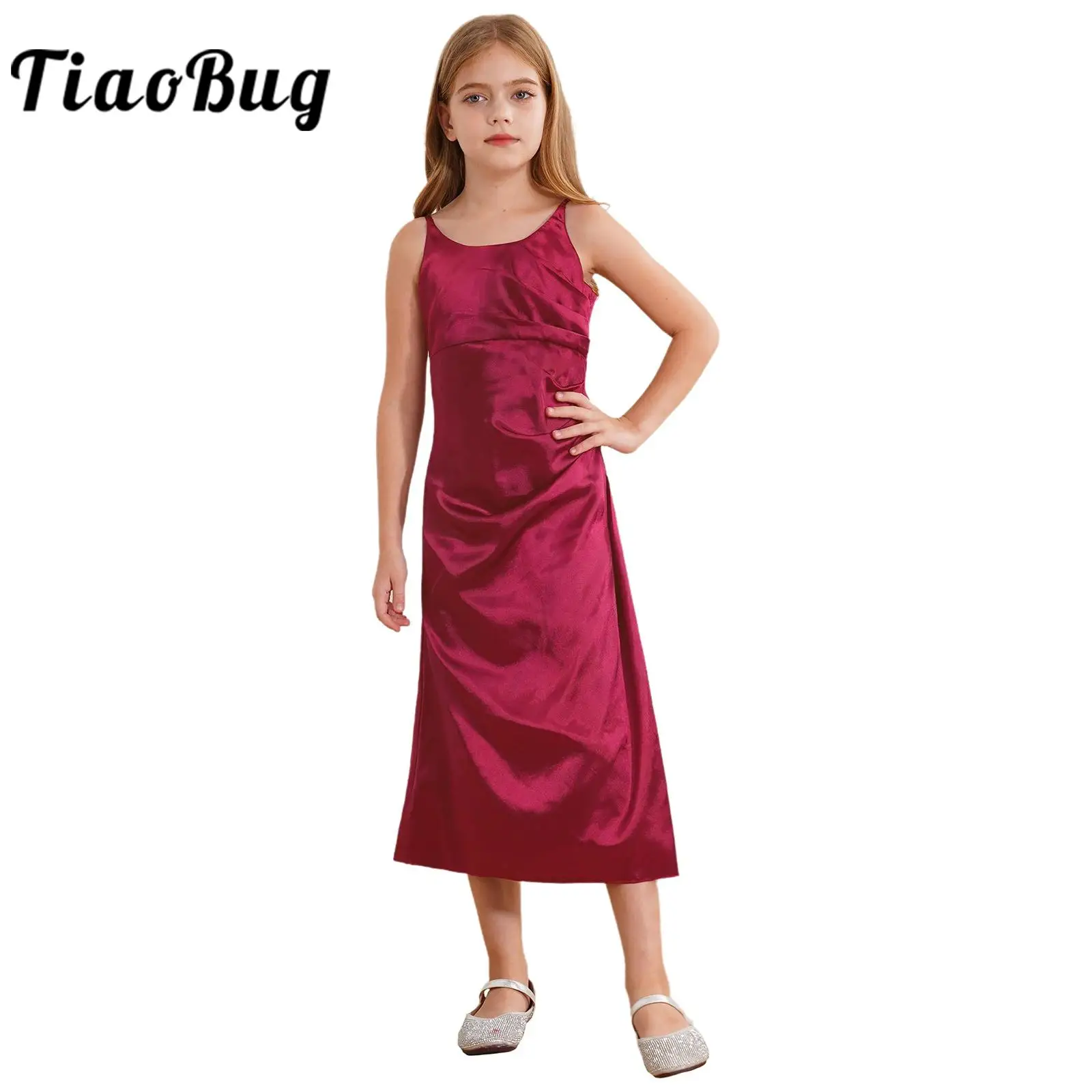 Girls Satin Party Dress Vestido De Fiesta De Boda Pleated Camis Dresses Flower Girl Dress for Wedding Evenings Pageant Vestidos