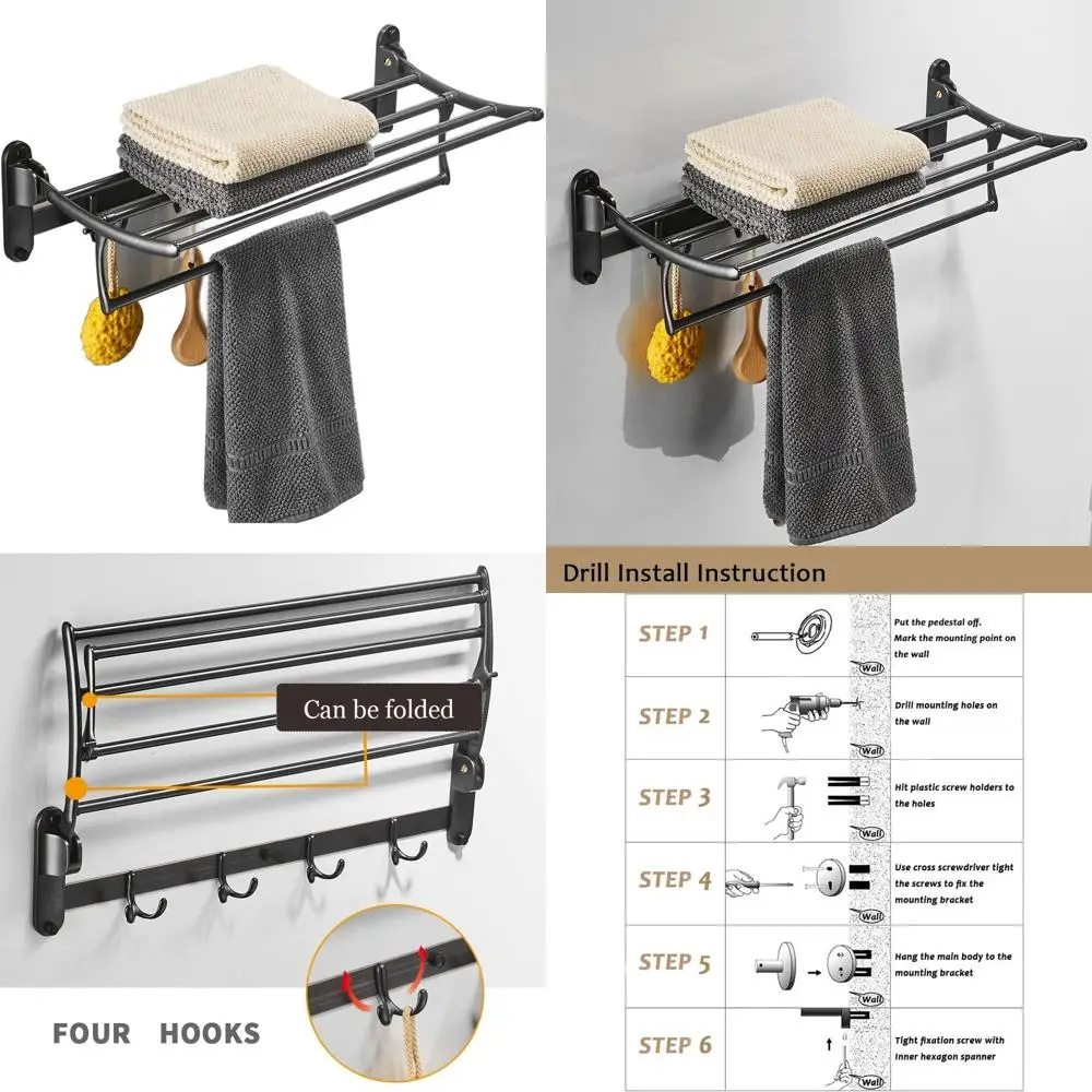 

24 Inch Oil Rubbed Bronze Wall Mounted Double Towel Bar with Hooks, Multifunctional Bathroom Accessory