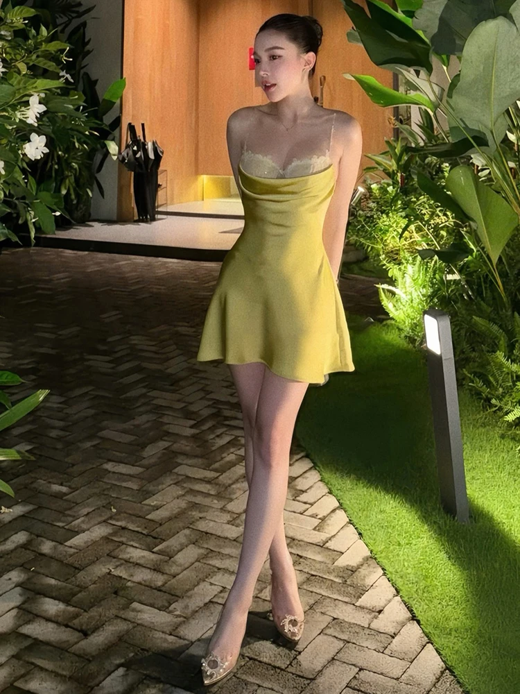 Weird Puss Strass-Dekoration Sling-Kleid Damen Spitze Patchwork Tiefer Ausschnitt Rückenfrei Geburtstagsparty Eleganter Stil Mini Bodycon – Detail 7
