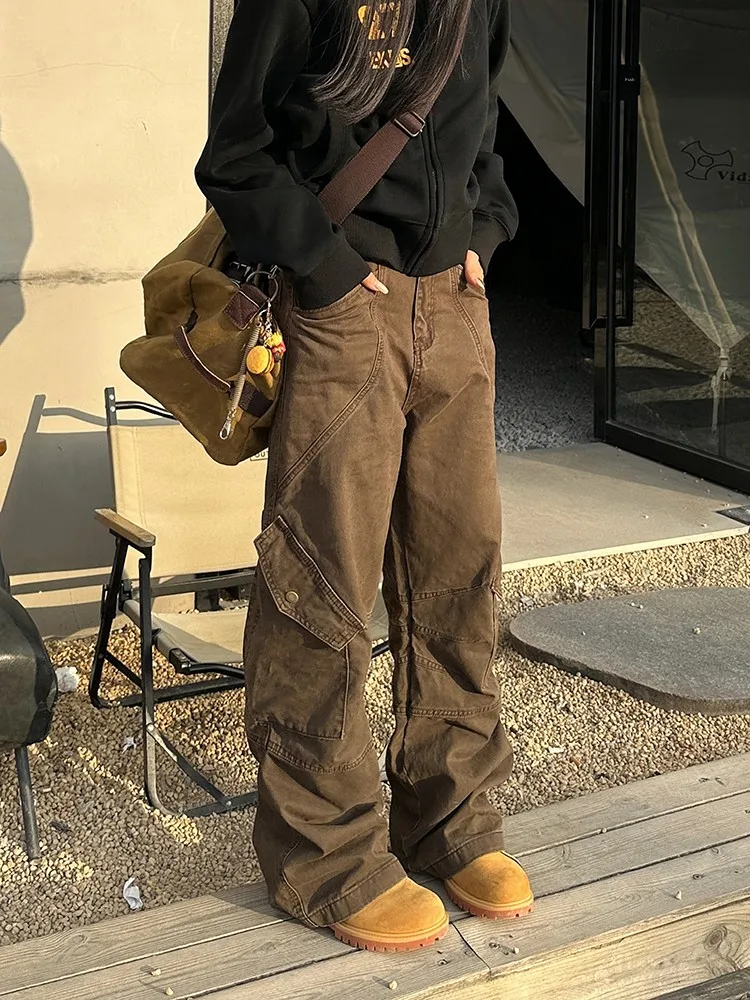 

Retro American High Street Work Pants Men's Loose Straight Leg Casual Wide Leg Trousers Multi-Pocket Folded Design Jeans