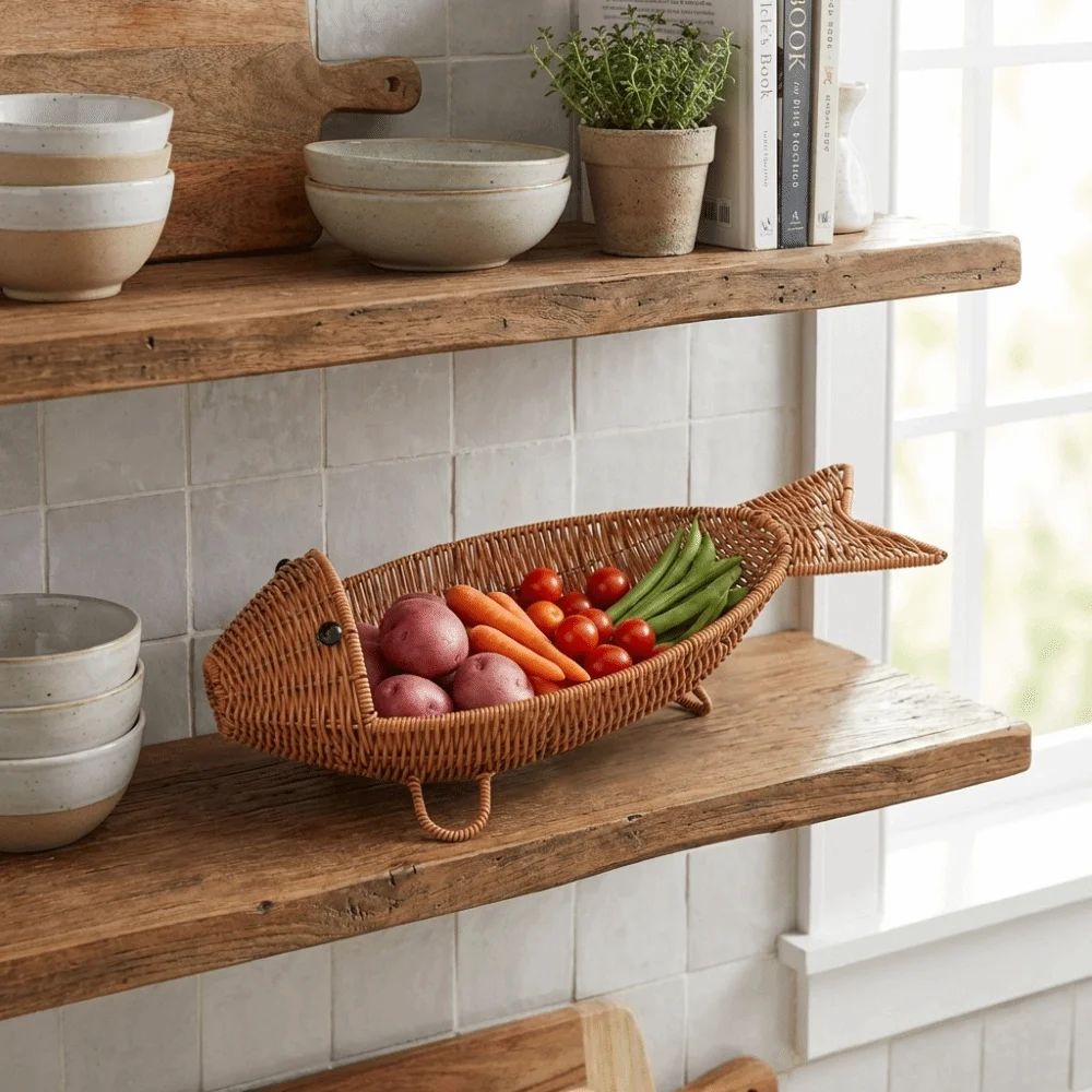 Fish Shape Hand Woven Fruit Basket Plastic Moisture-proof Snack Fruit Plate Decorative Wear-resistant Woven Storage Basket Party