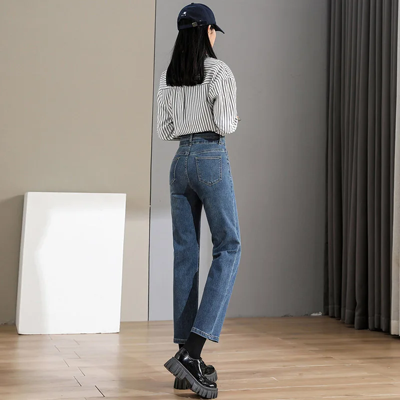 กางเกงยีนส์ทรงขาบานเอวสูงผ้ายืดสำหรับผู้หญิง กางเกงยีนส์ทรงตรงแฟชั่นฤดูใบไม้ร่วง