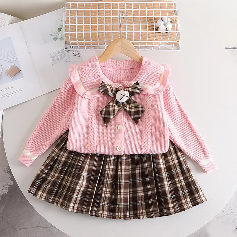 Children's Clothing Sets Bow Tie Sweater Cardigan + Plaid Pleated Skirt 2Pcs Sweater Sets Kids Clothes Girls Set 1 To 5 Years