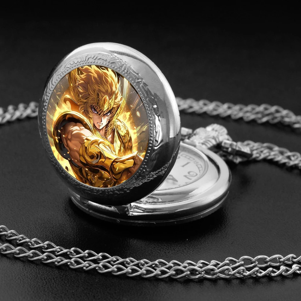 ساعة جيب كوارتز سوداء على شكل قبة زجاجية من Golden Zodiac Saint مع قرص أرقام عربية وسلسلة متينة هدية ريترو للرجال والنساء