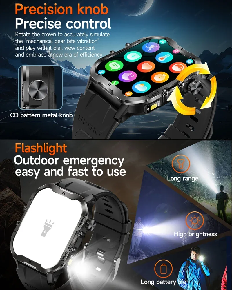 Jam tangan pintar senter LED IP68 tahan air, jam tangan pintar olahraga luar ruangan panggilan Bluetooth HD SOS layar besar 1.96 inci baterai 370 mAh