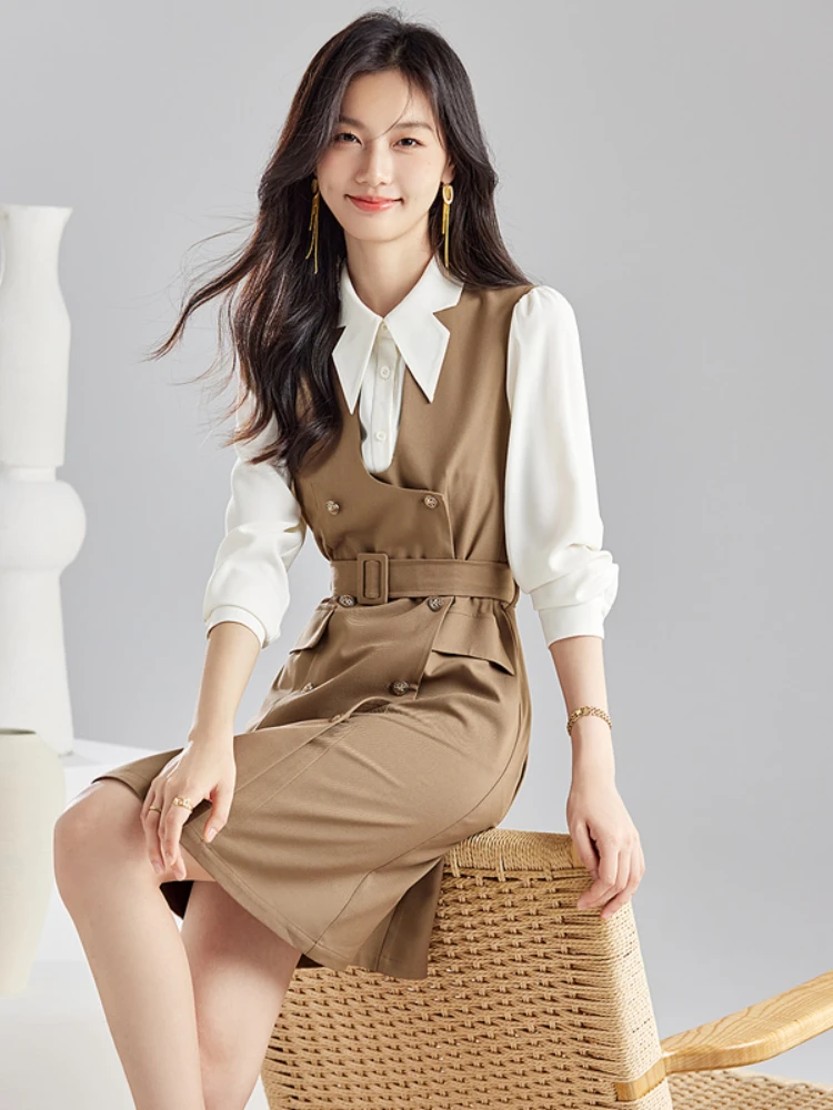 Vimly Office Lady Elegant 2 Piece Dress Sets Womens Outfits 2023 Autumn Long Sleeve Shirt Belt Double Breasted Tank Dress M2591