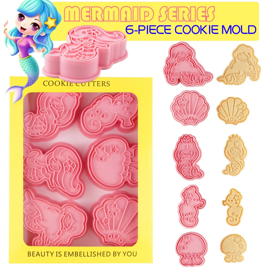 

6Pcs/Set Mermaid Series Cartoon Frosting Cookies Cutters Plastic Mold Pressable Biscuit Press Mould Stamp Baking Pastry Tools