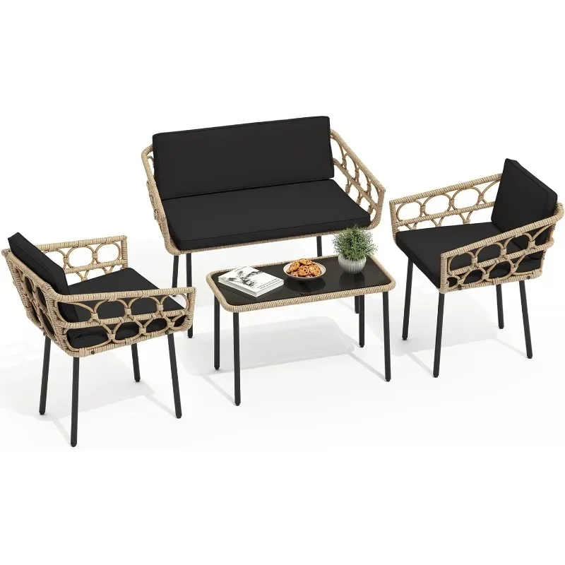 Patio Furniture Set Wicker Outdoor Bistro Set All-Weather Rattan Conversation Set with Loveseat Chairs Table Cushions