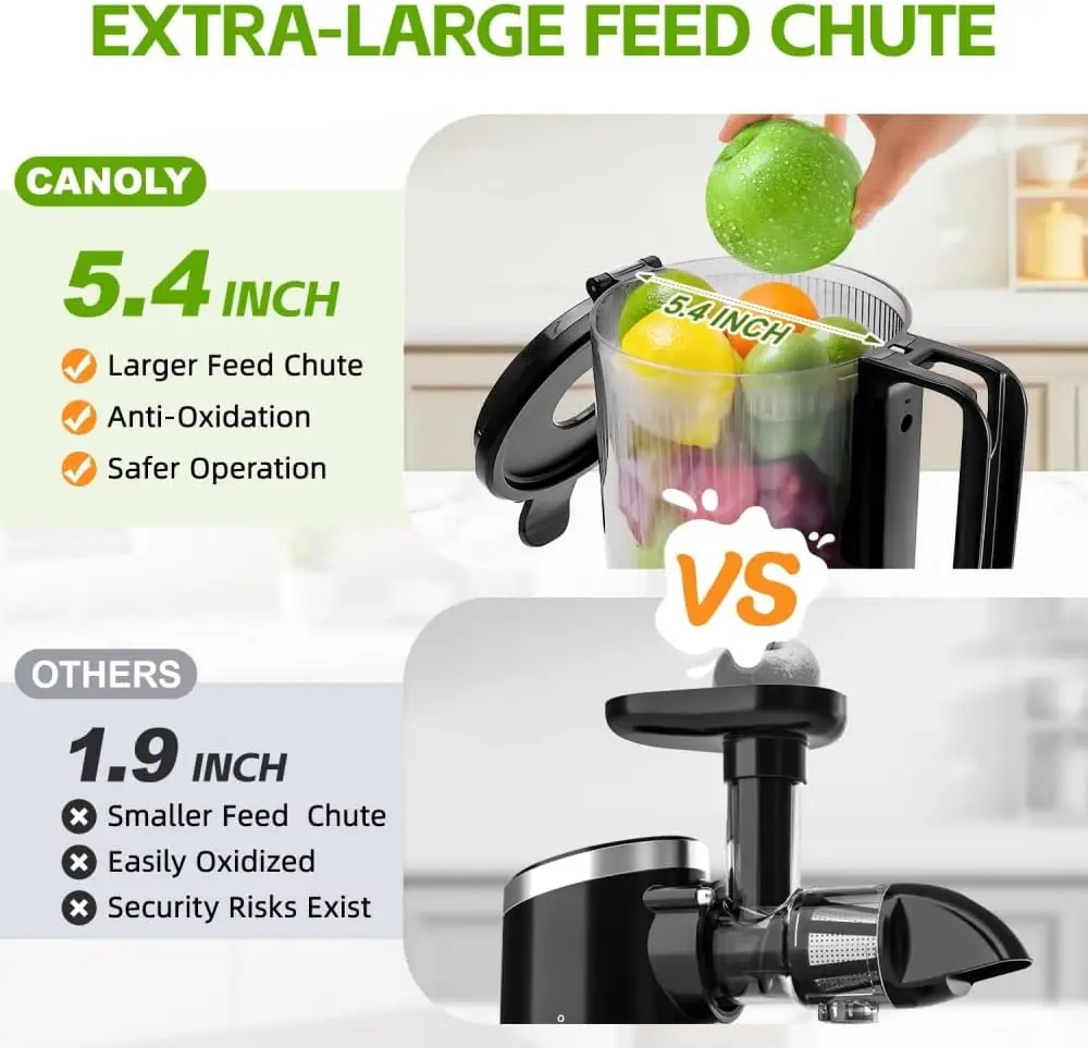 Exprimidor de prensa, conducto de alimentación Extra grande de 5,4 ", apto para frutas y verduras completas, máquinas profesionales de exprimidor de masticación lenta de 350W