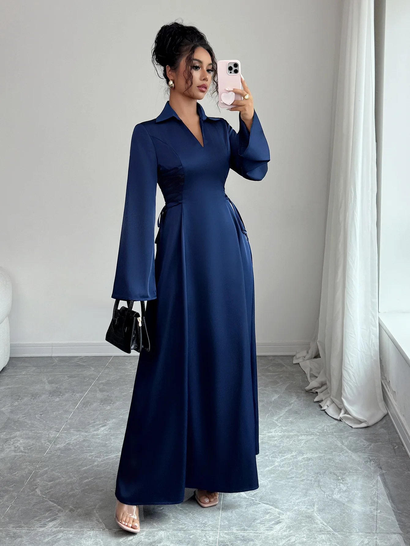 أنيقة عارضة نمط الراقية فستان بأكمام طويلة الخريف التلبيب بلون المرأة أنيقة الخصر Cinched ألف خط سليم صالح اللباس