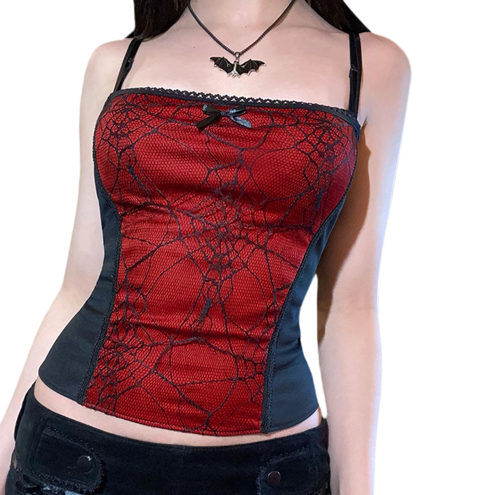 Meninas Backless Spider Web Lace Edge Camisola com Zíper, Tops Sem Mangas, Camisa Base Criativa, Sexy, Verão