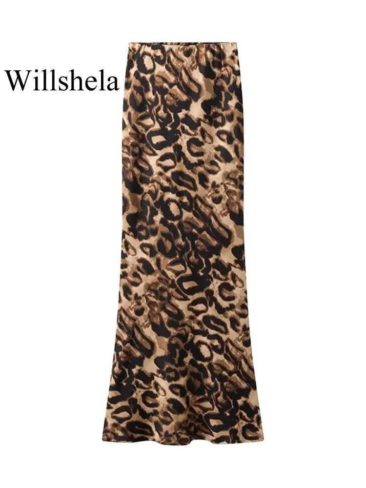 Willshela Women Fashion Satin Leopard Slim Fits Midi Skirt Vintage High Elastic Waist Female Chic Lady Skirts