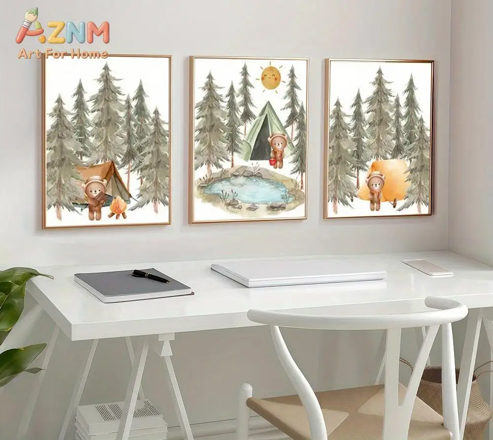 AZNM Watercolor Bear Camping Canvas Wall Art Forest Tent Pine Tree Pattern Frameless Canvas Painting Nursery Kids Room Home Deco