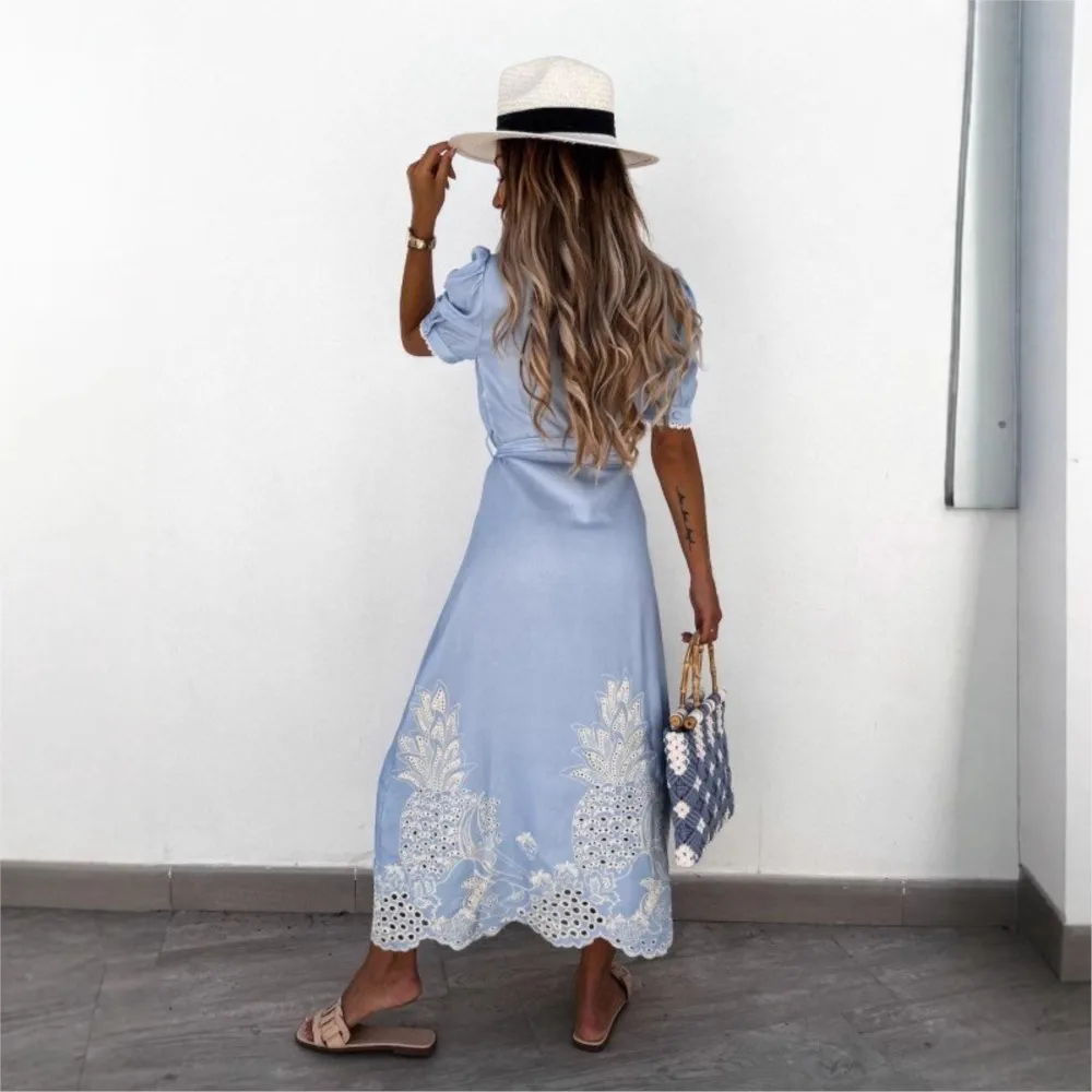 أزياء من الدانتل الدانتيل المرقعة قميص نسائي فستان أنيق الصيف الدانتيل متابعة الخصر محرك الإناث كبيرة سوينغ الوقوف طوق فساتين