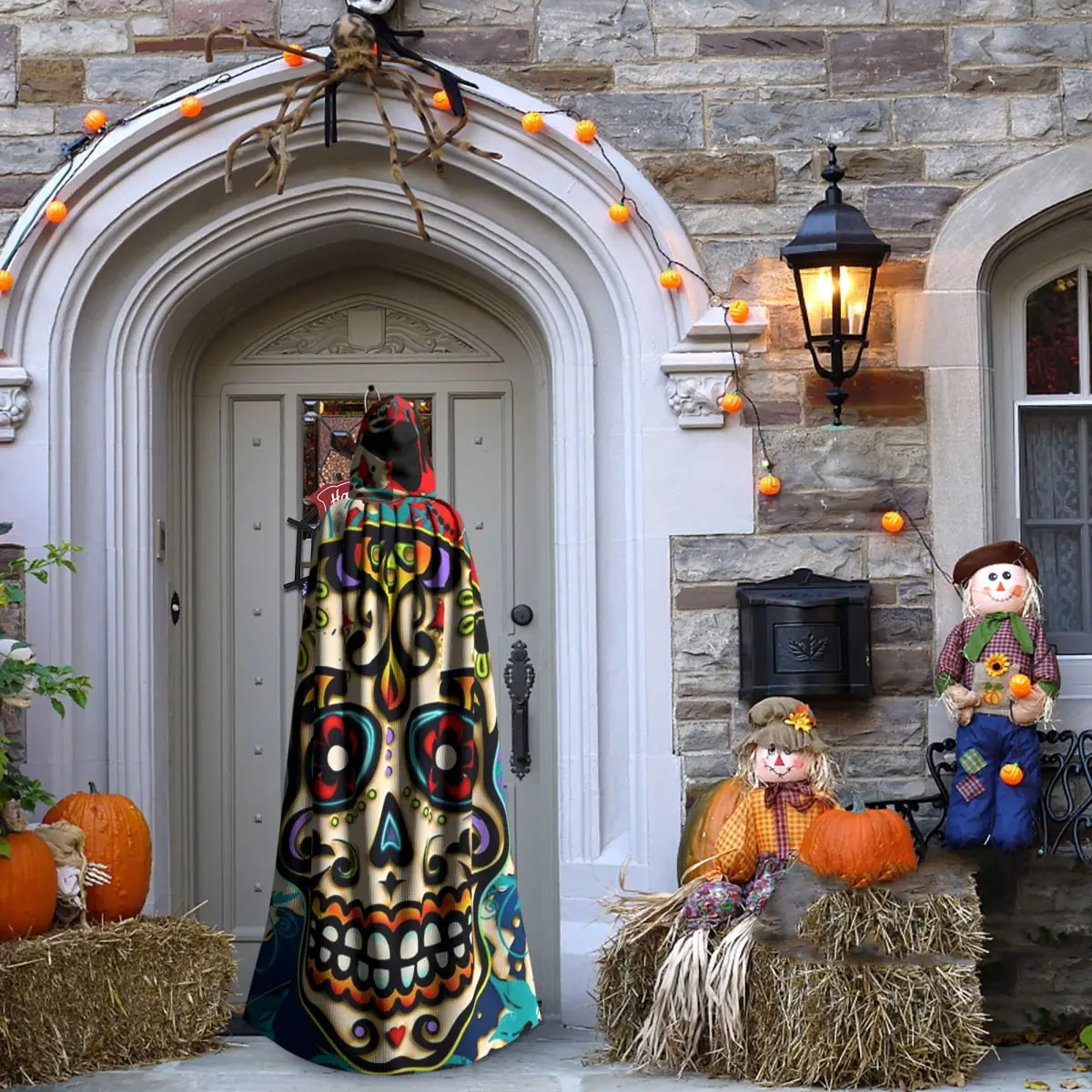 Crânio mexicano açúcar crânio dia dos mortos dias de los muertos longo com capuz manto bruxa traje medieval cosplay halloweenvampiro