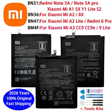 2026 Years Original Battery For Xiaomi Mi A1 A2 A3 Y1 9 Lite S2 5X 6X CC9 CC9e Redmi Note 5A 6 Pro Batteries BN47 BN31 BN36 BM4F