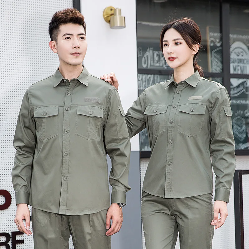 100% algodão verão roupas de trabalho mangas compridas uniformes de trabalho elétrico cor lisa verde macacão de trabalhador terno de trabalho de engenheiro